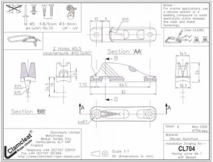 clamcleat junior with becket technical drawing